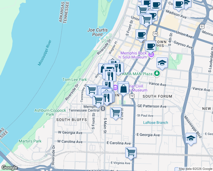 map of restaurants, bars, coffee shops, grocery stores, and more near 474 South Main Street in Memphis