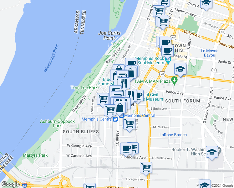 map of restaurants, bars, coffee shops, grocery stores, and more near 474 South Main Street in Memphis
