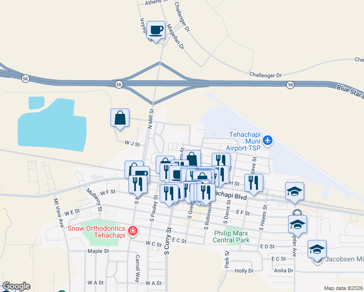 map of restaurants, bars, coffee shops, grocery stores, and more near 221 North Curry Street in Tehachapi