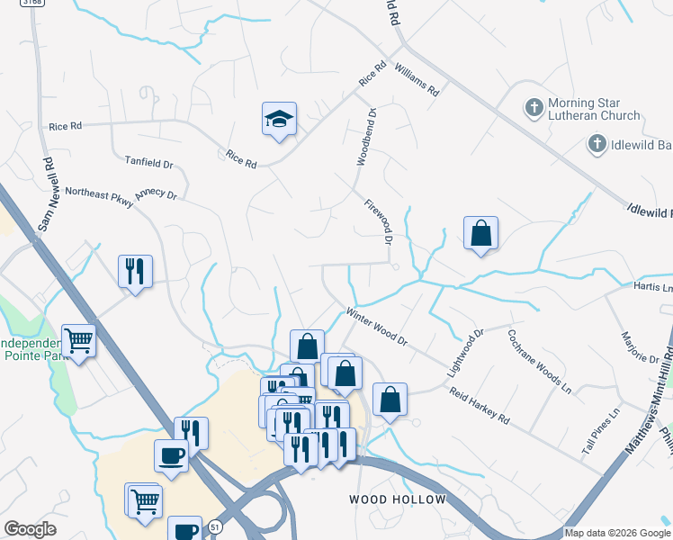 map of restaurants, bars, coffee shops, grocery stores, and more near 1216 Forest Wood Drive in Matthews