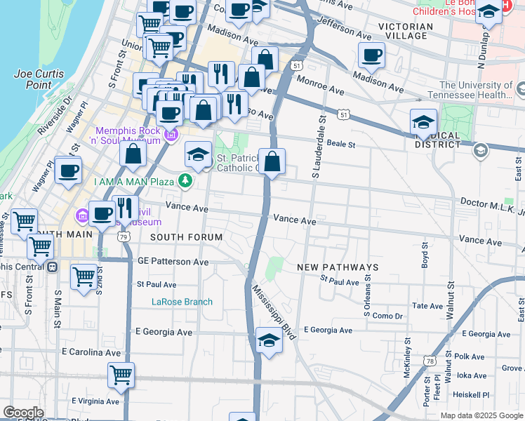 map of restaurants, bars, coffee shops, grocery stores, and more near in Memphis