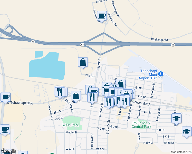 map of restaurants, bars, coffee shops, grocery stores, and more near 421 West J Street in Tehachapi