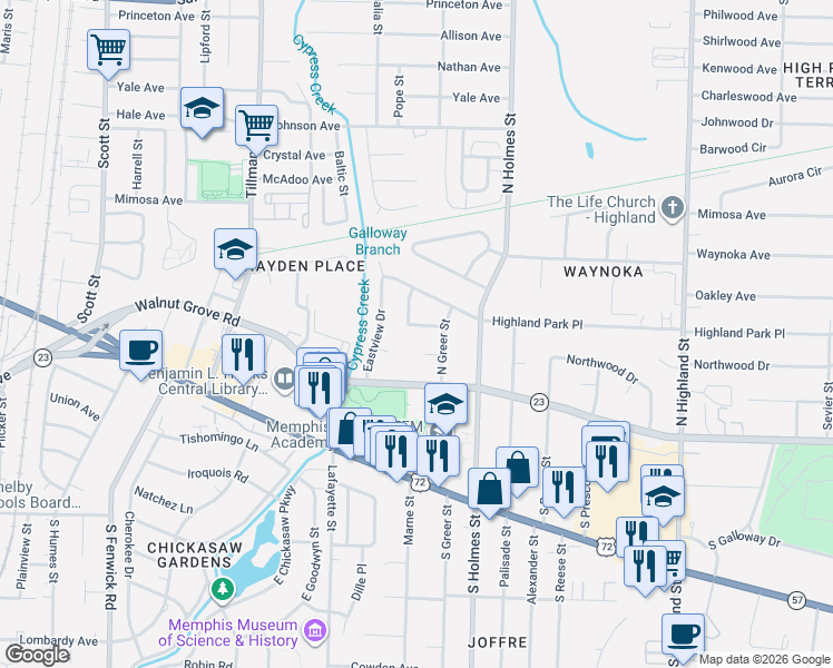 map of restaurants, bars, coffee shops, grocery stores, and more near 3193 McIntosh Cove in Memphis