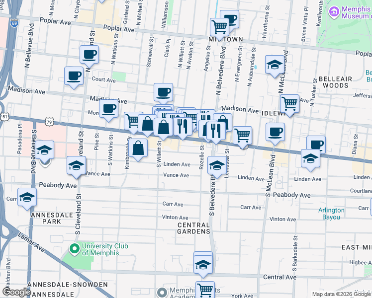 map of restaurants, bars, coffee shops, grocery stores, and more near 1626 Linden Avenue in Memphis