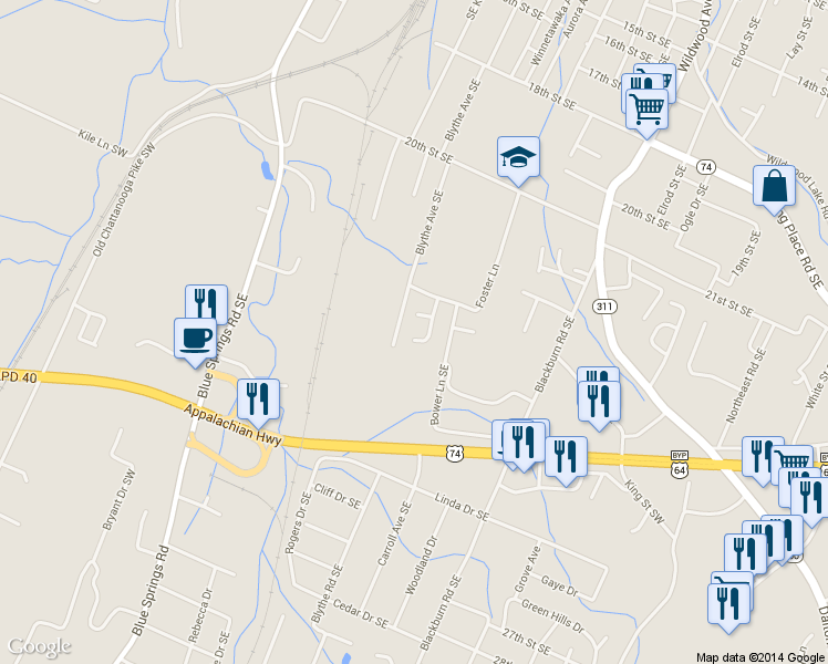map of restaurants, bars, coffee shops, grocery stores, and more near 2216 Southforke Drive Southeast in Cleveland