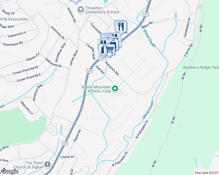 map of restaurants, bars, coffee shops, grocery stores, and more near 315 Ault Road in Signal Mountain