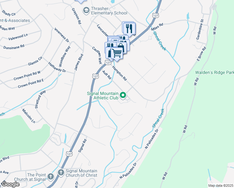map of restaurants, bars, coffee shops, grocery stores, and more near 315 Ault Road in Signal Mountain