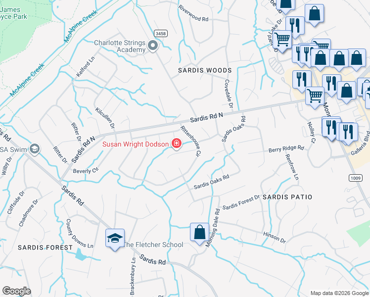 map of restaurants, bars, coffee shops, grocery stores, and more near 709 Bellows Lane in Charlotte