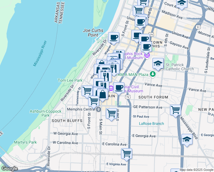 map of restaurants, bars, coffee shops, grocery stores, and more near 387 South Main Street in Memphis