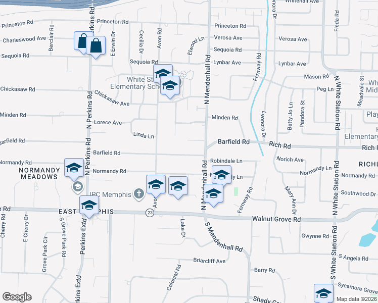 map of restaurants, bars, coffee shops, grocery stores, and more near 4880 Mendenhall Place in Memphis