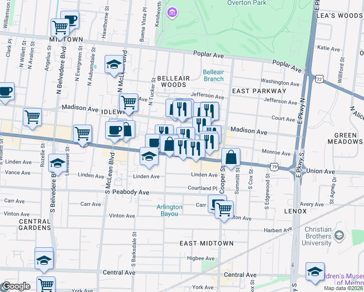 map of restaurants, bars, coffee shops, grocery stores, and more near 50 South Morrison Street in Memphis
