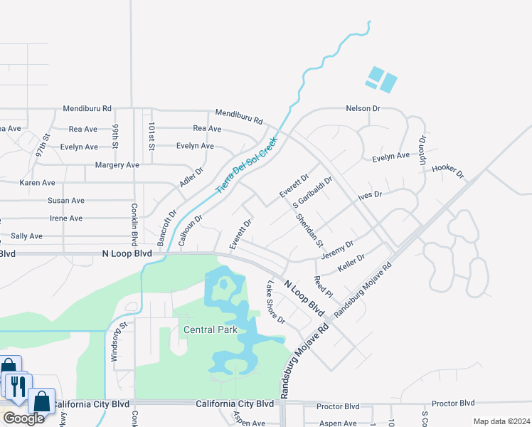 map of restaurants, bars, coffee shops, grocery stores, and more near 10440 Trumbull Street in California City