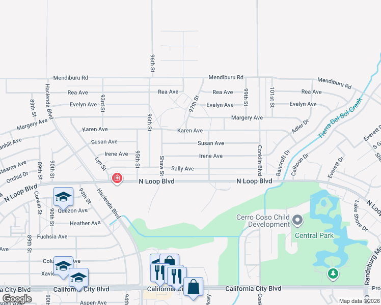 map of restaurants, bars, coffee shops, grocery stores, and more near 9725 Susan Avenue in California City