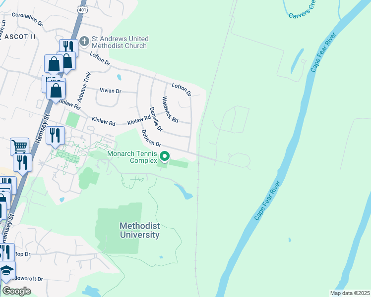 map of restaurants, bars, coffee shops, grocery stores, and more near 338 Lofton Drive in Fayetteville