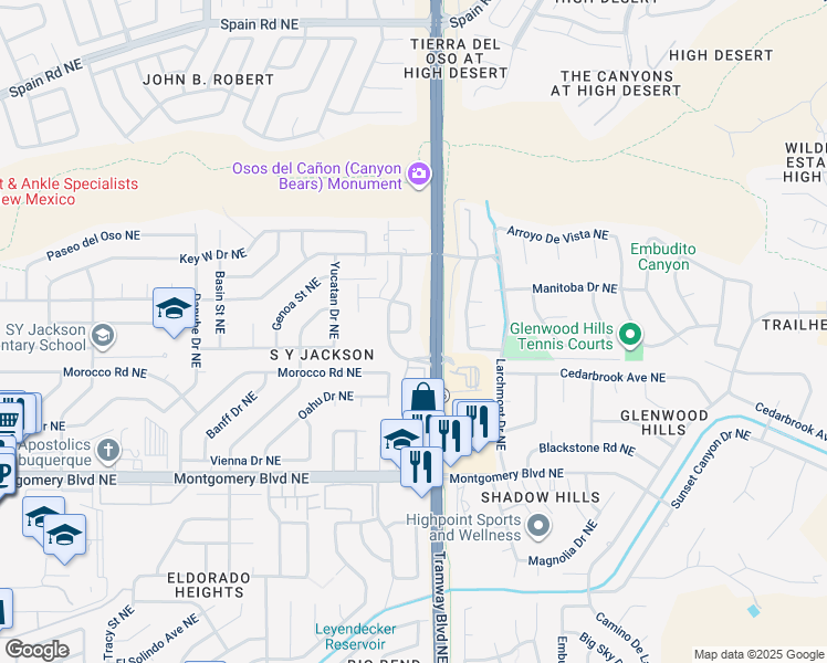 map of restaurants, bars, coffee shops, grocery stores, and more near 4800 Tramway Boulevard Northeast in Albuquerque