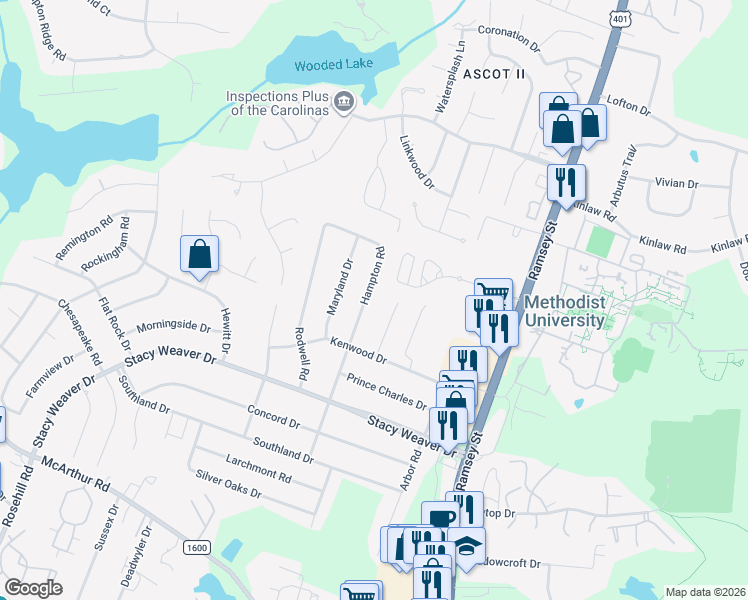 map of restaurants, bars, coffee shops, grocery stores, and more near 5367 Amberhill Court in Fayetteville