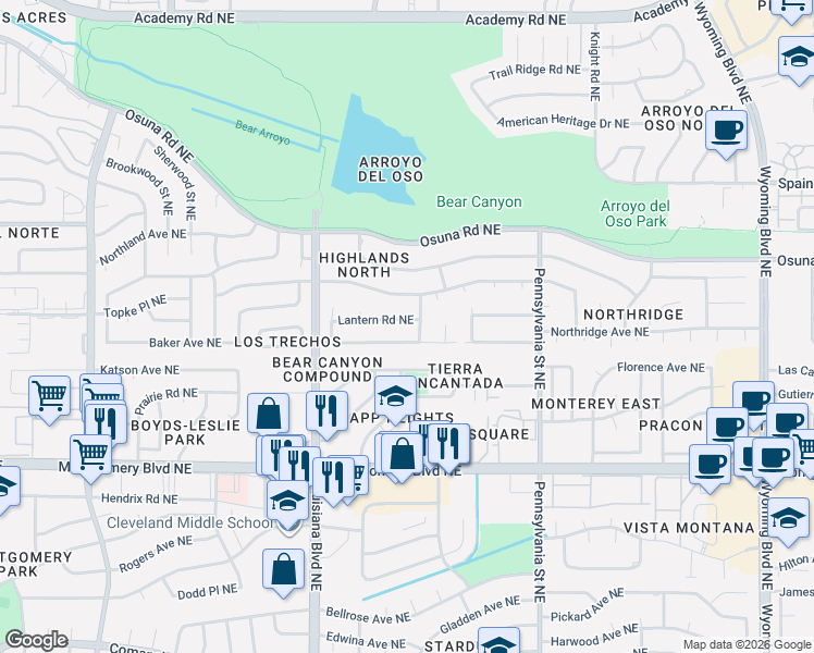 map of restaurants, bars, coffee shops, grocery stores, and more near 7300 Arroyo Del Oso Avenue Northeast in Albuquerque