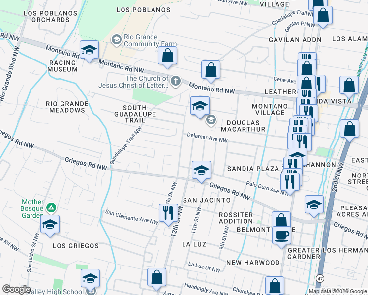 map of restaurants, bars, coffee shops, grocery stores, and more near 5121 12th Street Northwest in Albuquerque