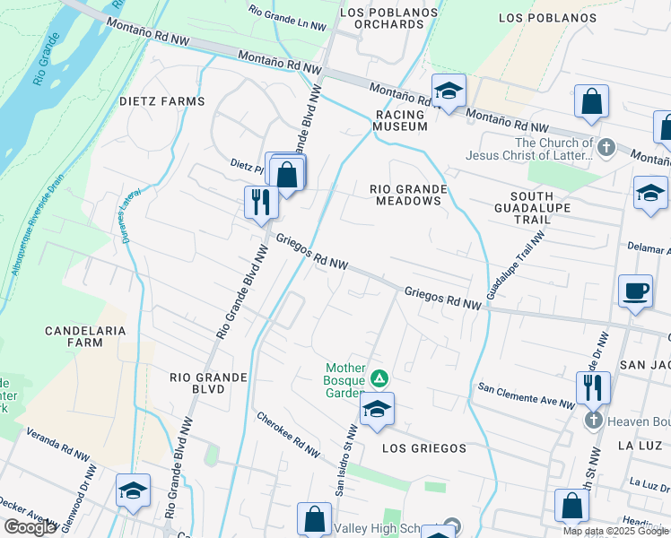 map of restaurants, bars, coffee shops, grocery stores, and more near 1935 Griegos Road Northwest in Albuquerque