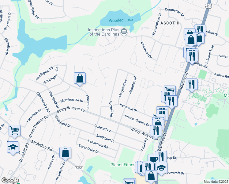 map of restaurants, bars, coffee shops, grocery stores, and more near 5310 Rodwell Road in Fayetteville