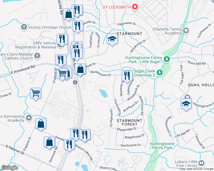 map of restaurants, bars, coffee shops, grocery stores, and more near 7113 Sterncrest Place in Charlotte