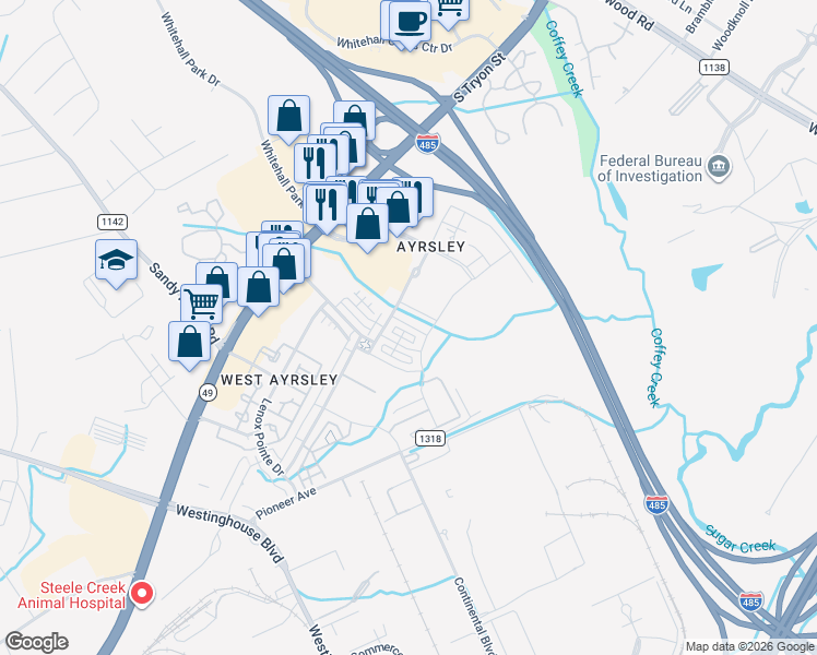 map of restaurants, bars, coffee shops, grocery stores, and more near 9336 Kings Parade Boulevard in Charlotte