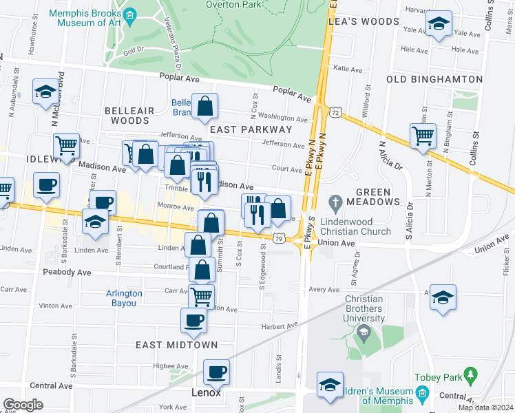 map of restaurants, bars, coffee shops, grocery stores, and more near 2251 Madison Avenue in Memphis
