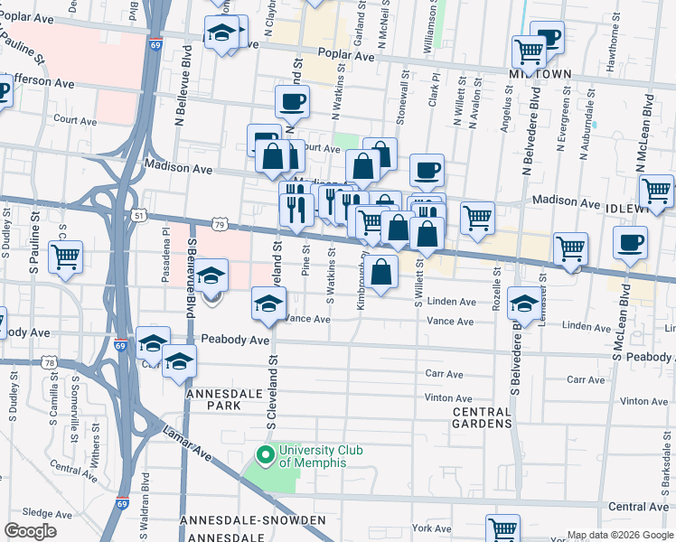 map of restaurants, bars, coffee shops, grocery stores, and more near 1433 Union Avenue in Memphis