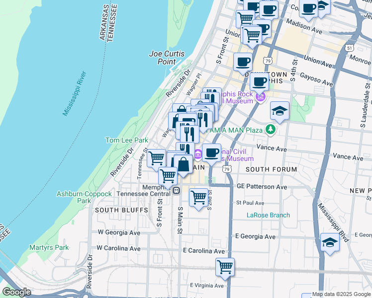map of restaurants, bars, coffee shops, grocery stores, and more near 387 South Main Street in Memphis