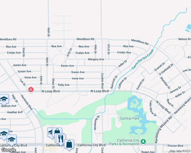 map of restaurants, bars, coffee shops, grocery stores, and more near 9933 Irene Avenue in California City