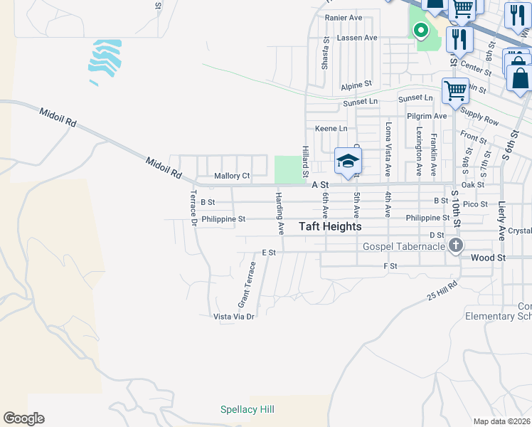 map of restaurants, bars, coffee shops, grocery stores, and more near 706 B Street in Taft