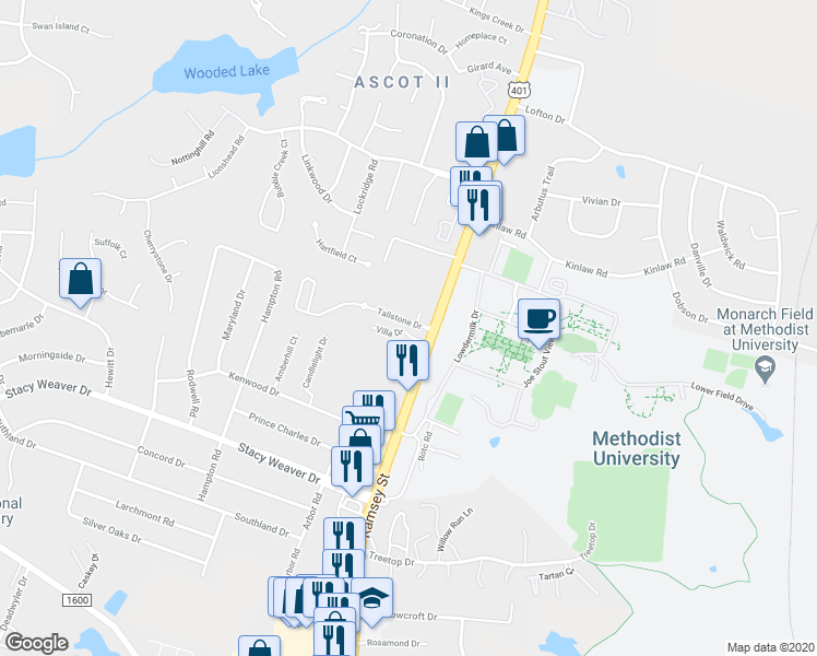 map of restaurants, bars, coffee shops, grocery stores, and more near 120 Villa Drive in Fayetteville