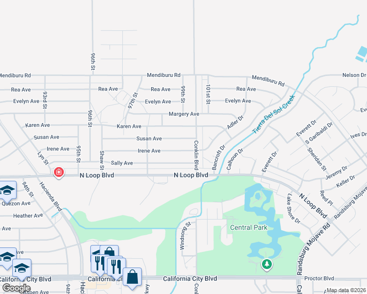 map of restaurants, bars, coffee shops, grocery stores, and more near 9933 Susan Avenue in California City