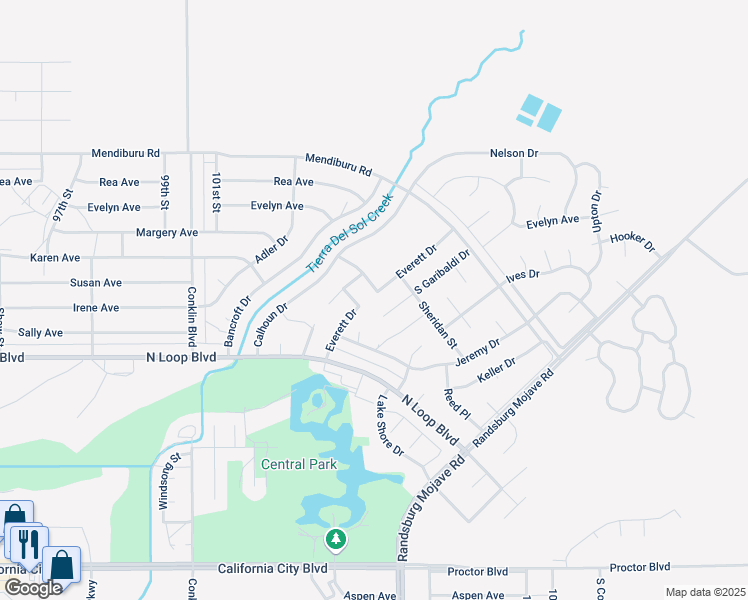 map of restaurants, bars, coffee shops, grocery stores, and more near 10440 Trumbull Street in California City