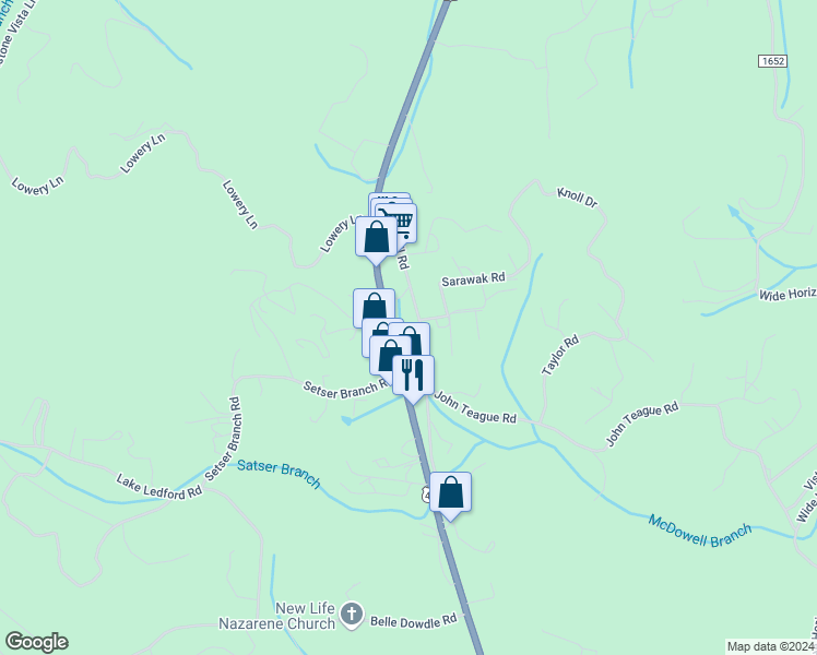 map of restaurants, bars, coffee shops, grocery stores, and more near Battle Branch Road in Franklin