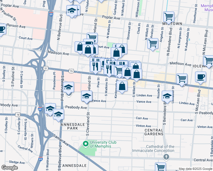 map of restaurants, bars, coffee shops, grocery stores, and more near 234 South Watkins Street in Memphis