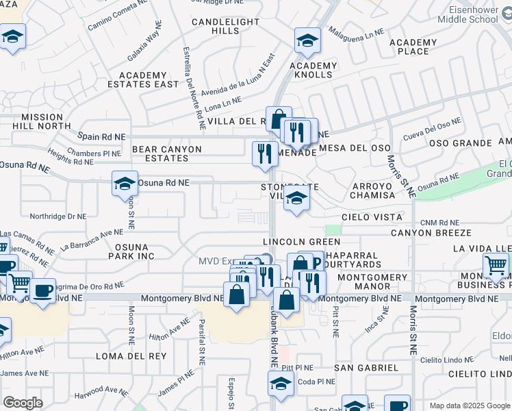 map of restaurants, bars, coffee shops, grocery stores, and more near 4821 Eubank Boulevard Northeast in Albuquerque