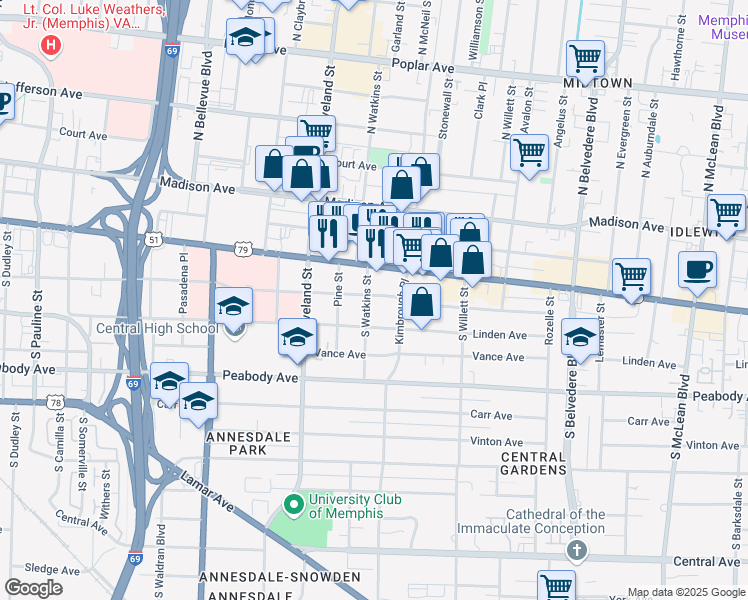map of restaurants, bars, coffee shops, grocery stores, and more near 236 South Watkins Street in Memphis