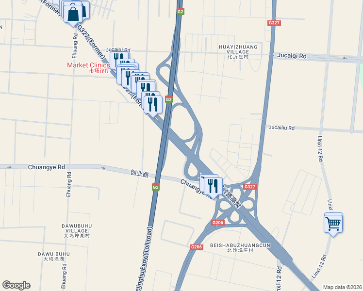 map of restaurants, bars, coffee shops, grocery stores, and more near Shuang Ling Lu in Lin Yi Shi