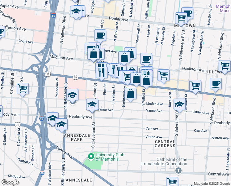 map of restaurants, bars, coffee shops, grocery stores, and more near 234 South Watkins Street in Memphis