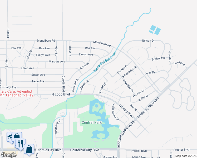 map of restaurants, bars, coffee shops, grocery stores, and more near 21641 Darrow Drive in California City