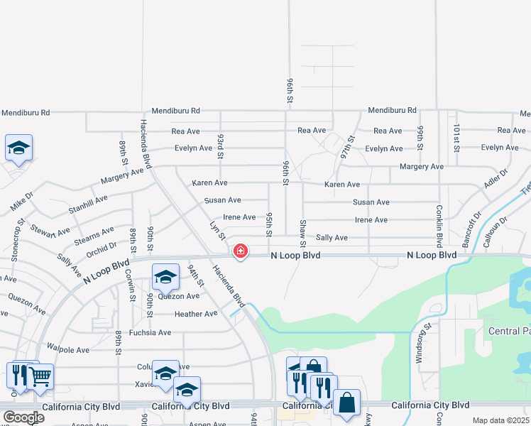 map of restaurants, bars, coffee shops, grocery stores, and more near 9431 Irene Avenue in California City