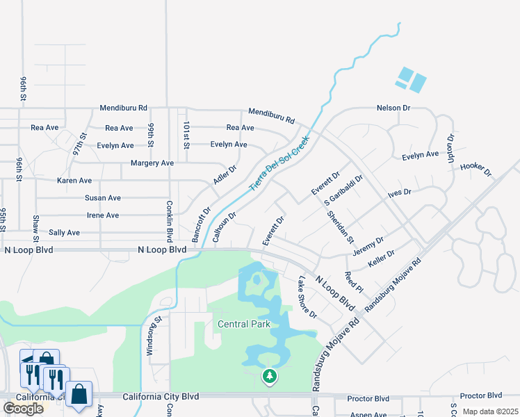 map of restaurants, bars, coffee shops, grocery stores, and more near 21641 Darrow Drive in California City