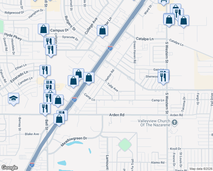 map of restaurants, bars, coffee shops, grocery stores, and more near 5117 Tulip Avenue in Amarillo