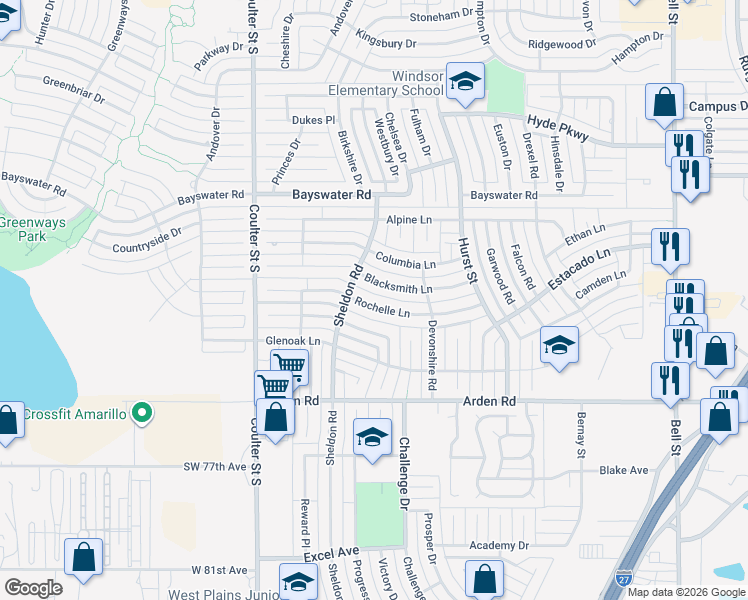 map of restaurants, bars, coffee shops, grocery stores, and more near 6814 Blacksmith Lane in Amarillo