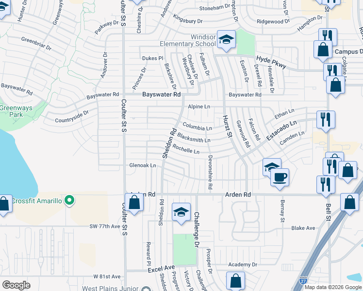 map of restaurants, bars, coffee shops, grocery stores, and more near 6814 Blacksmith Lane in Amarillo
