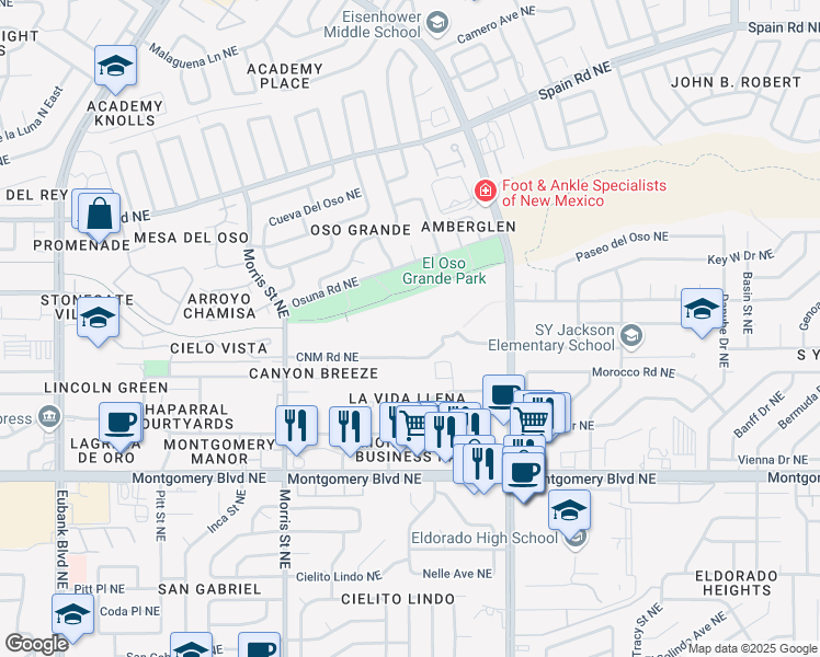map of restaurants, bars, coffee shops, grocery stores, and more near 4700 Morris Street Northeast in Albuquerque