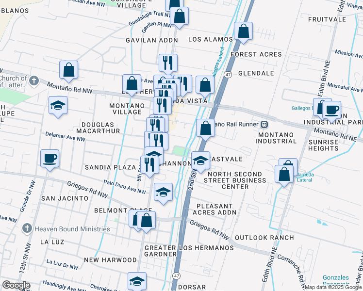 map of restaurants, bars, coffee shops, grocery stores, and more near 225 Natalie Avenue Northwest in Albuquerque