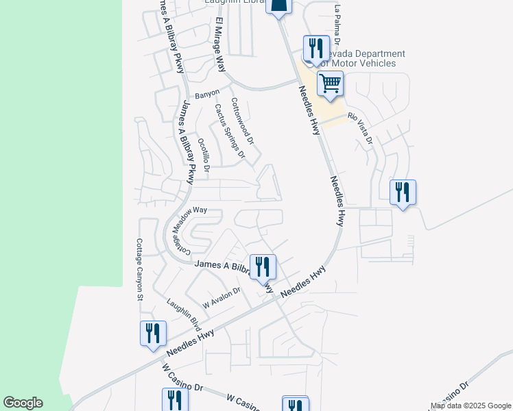map of restaurants, bars, coffee shops, grocery stores, and more near 2093 Pebble Creek Lane in Laughlin