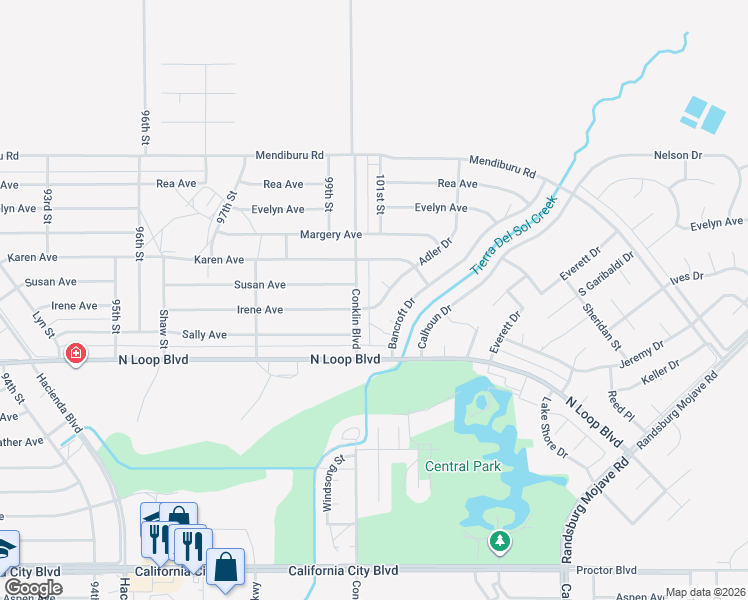 map of restaurants, bars, coffee shops, grocery stores, and more near 21660 Conklin Boulevard in California City